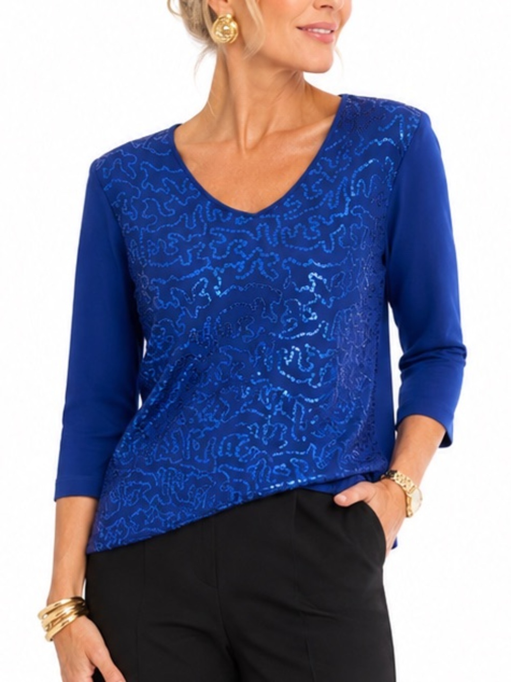 QUACKER FACTORY ROYAL BLUE FESTIVE HOLIDAY SEQUIN TOP SZ  XS